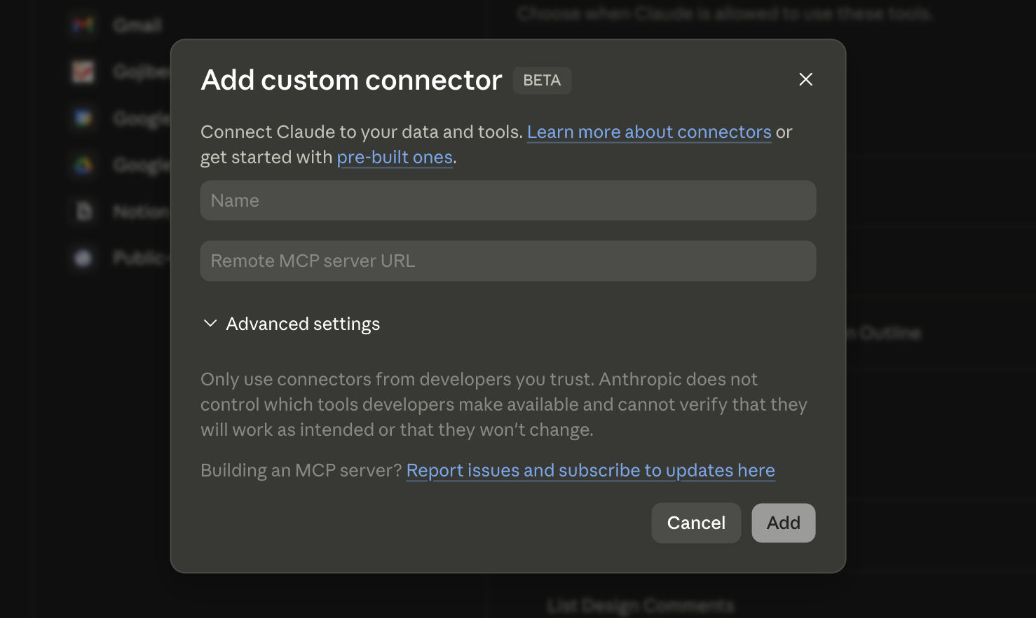 Fenêtre &laquo; Add custom connector &raquo; dans claude.ai