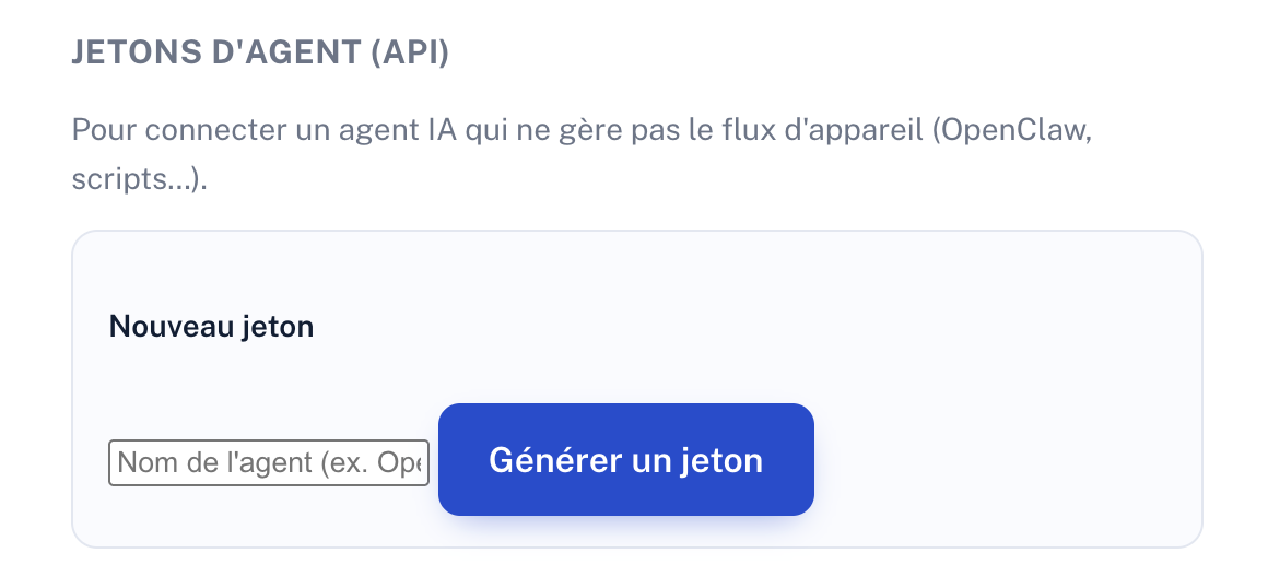 Section Jetons d'agent (API) sur la page compte