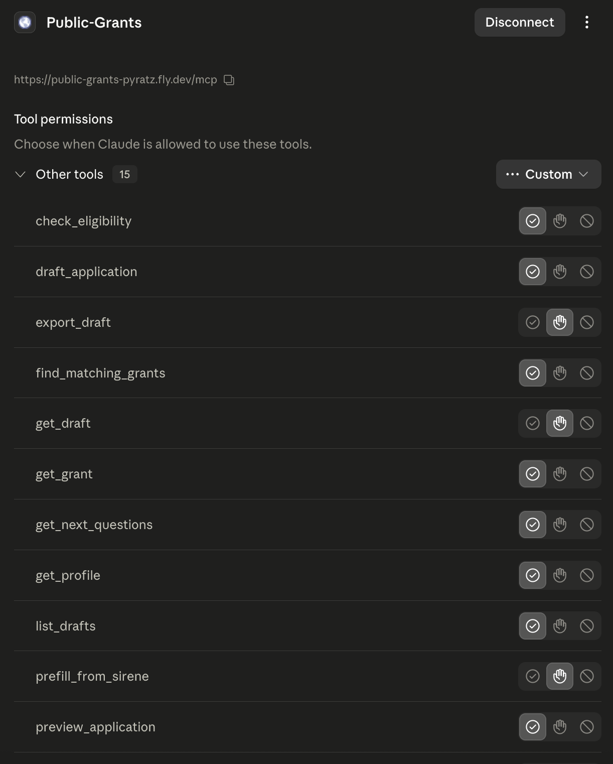 Liste des outils Public Grants disponibles dans Claude